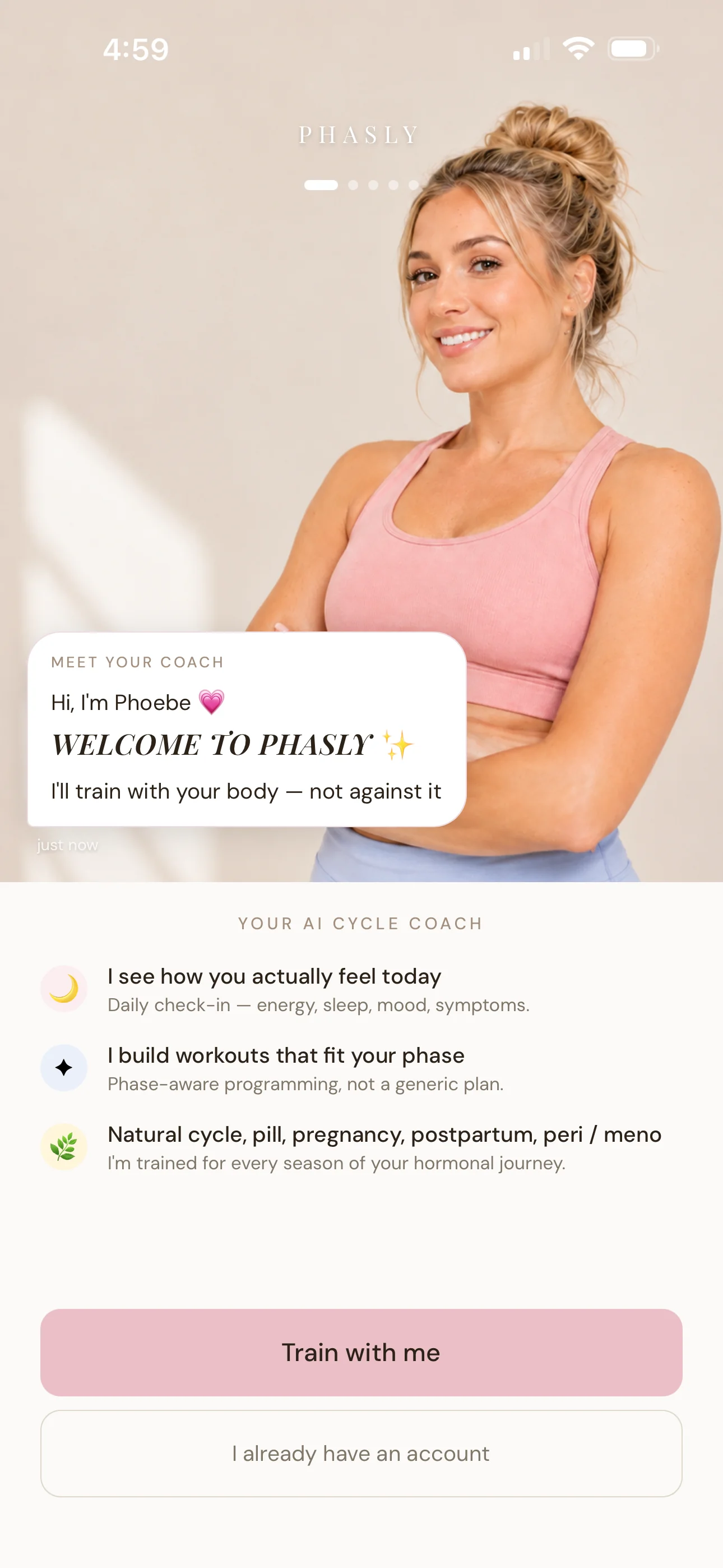 Phasly home screen showing cycle phases and personalised training intensity